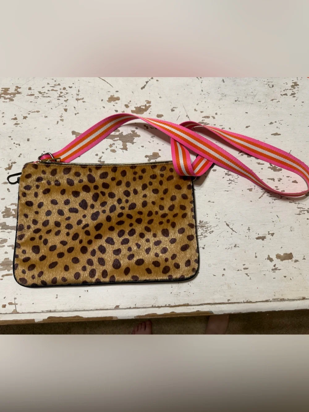 Leopard Print Crossbody Bag with Pink Stripe Strap